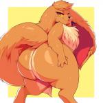 1:1 2018 absurd_res anthro anthrofied big_butt big_ears big_tail brown_body brown_fur butt butt_focus canid eevee eyebrows female fluffy fluffy_tail fur generation_1_pokemon hand_on_butt heart_eyes heart_symbol hi_res huge_butt kazzypoof_(character) looking_at_viewer looking_back mammal nintendo nude pokemon pokemon_(species) pokemorph simple_background smile solo tail thick_thighs trinity-fate62