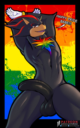 anthro athletic athletic_male balls bedroom_eyes big_penis chest_tuft clothing dyed_fur erection genitals gloves hands_behind_head handwear lgbt_pride male narrowed_eyes nipples penis pride_colors seductive slim solo text tuft iudicium86 sega sonic_the_hedgehog_(series) shadow_the_hedgehog eulipotyphlan hedgehog mammal 5:8 english_text hi_res url