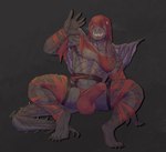 4_toes 5_fingers anthro balls bulge claws clothing crouching detailed_bulge feet finger_claws fingers genitals male red_clothing red_eyes scales simple_background solo spread_legs spreading tail teeth toe_claws toes torn_clothing wings amiryth capcom monster_hunter mythology dragon elder_dragon mythological_creature mythological_scalie scalie vaal_hazak 2024 digital_drawing_(artwork) digital_media_(artwork) hi_res