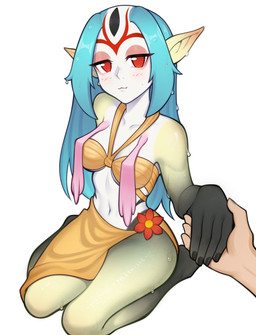 blue_hair blush blush_lines bottomwear clothed clothing dripping duo eyeshadow facial_markings female female_focus flower forehead_markings hair hand_holding head_markings kneeling looking_at_viewer makeup markings multicolored_body navel not_furry orange_bottomwear orange_clothing orange_skirt orange_topwear pink_eyeshadow plant pointy_ears red_eyes red_flower red_markings skirt smile smiling_at_viewer topwear fellming blue_submarine_no._6 mutio animal_humanoid aquatic aquatic_humanoid fish fish_humanoid human humanoid hybrid mammal hi_res
