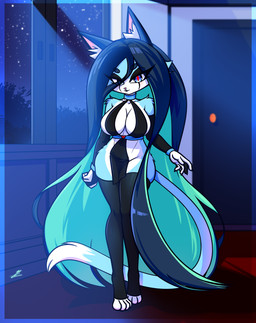 anthro barefoot big_breasts black_hair blue_body blue_eyes blue_fur breasts detailed_background feet female fur gift hair inner_ear_fluff long_socks nightsky pointy_ears solo thick_thighs tuft wide_hips xxkenthewolfxx domestic_cat felid feline felis mammal absurd_res hi_res