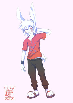 4_fingers adhesive_bandage anthro clothed clothing fingers footwear fully_clothed fur hair hand_behind_head jewelry logo male necklace rabbit_ears sandals scut_tail shoes short_tail simple_background solo tail white_background white_body white_fur axy_usagi axy_(axy_usagi) lagomorph leporid mammal rabbit 2022 artist_logo