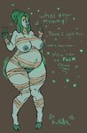 anthro bandage belly big_belly big_breasts breasts female fur genitals green_body green_fur green_hair hair hair_bun mummy_costume mummy_wrappings nipples pregnant pregnant_anthro pregnant_female profanity pussy slightly_chubby slightly_chubby_female solo text thick_thighs tongue tongue_out wide_hips awful_lad minty_(awful_lad) bovid bovine cattle mammal absurd_res english_text hi_res