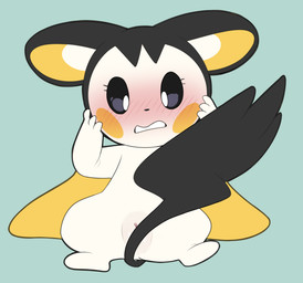 black_body black_fur blush cheek_spots covering covering_self embarrassed female feral fur genitals nude simple_background solo tail two_tone_inner_ear vulva white_body white_fur white_inner_ear yellow_body yellow_fur yellow_inner_ear porldraws nintendo pokemon emolga generation_5_pokemon pokemon_(species) hi_res