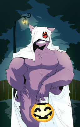 anthro anthrofied bedsheet_ghost biceps claws clothing costume front_view fur hair holidays looking_at_viewer male muscular muscular_anthro muscular_male pecs pokemorph pose purple_body purple_fur red_eyes smile solo teeth tuft kokukokuboo halloween nintendo pokemon kokuhane_(character) generation_1_pokemon gengar mammal pokemon_(species) pinup