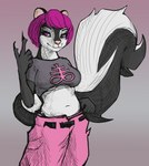 anthro bottomwear clothing cross female pants shirt t-shirt topwear jewish_mythology mythology aquatic_dragon dragon leviathan mammal marine mephitid mythological_creature mythological_marine mythological_scalie scalie skunk absurd_res hi_res trans_(lore) trans_woman_(lore)