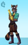 absurd_res anthro gradient_background hi_res holding_object holding_weapon looking_at_viewer male male_anthro mammal procyonid raccoon simple_background solo thekinkybear weapon young young_anthro young_male