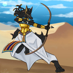 accessory anthro arm_tuft armlet armor arrow_(weapon) black_body black_fur blue_eyes bow_(weapon) bracers cheek_tuft clothing cloud desert drawing_bowstring dreadlock_cuffs dreadlocks dress dunes egyptian egyptian_clothing elbow_tuft eyebrows eyeliner facial_tuft feet female fur gold_(metal) gold_armlet gold_armor gold_bracers gold_jewelry hindpaw inner_ear_fluff jewelry lens_flare makeup paws raised_leg ranged_weapon shoulder_tuft sky solo tail tuft usekh weapon white_clothing white_dress yellow_eyeliner viixenpiixen anubian_jackal canid canine canis jackal mammal 2026 digital_drawing_(artwork) digital_media_(artwork) hi_res