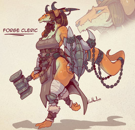 anthro big_breasts biped blacksmith breasts claws clothed clothed_anthro clothed_female clothing feet female fingers front_view hair hammer horn looking_at_viewer non-mammal_breasts non-mammal_hair shield simple_background smile solo standing tail text thick_thighs toes tools wide_hips lluisabadias mythology dragon mythological_creature mythological_scalie scalie 2026 absurd_res digital_drawing_(artwork) digital_media_(artwork) english_text hi_res