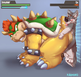 3_toes 4_fingers 4_toes against_surface against_wall anthro blush butt butt_crush claws crush duo feet fingers fur gameplay_mechanics green_body green_skin grey_body grey_fur gui hair health_bar male orange_eyes simple_background smile spikes teeth toe_claws toes tongue white_body white_fur yellow_body yellow_skin kaomoroart mario_bros nintendo bowser canid canine canis koopa mammal scalie wolf 2017 digital_media_(artwork)