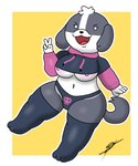 anthro barely_visible_nipples clothing female fur gesture grey_body grey_fur hand_gesture multicolored_body multicolored_fur nipples short_stack simple_background smile solo thick_thighs two_tone_body two_tone_fur white_body white_fur d13w0tt_(artist) dogs_in_space meme_clothing netflix paggi_outfit nomi_(dogs_in_space) bird_dog canid canine canis cavalier_king_charles_spaniel domestic_dog hunting_dog mammal shih_tzu spaniel toy_dog 5:6 hi_res meme