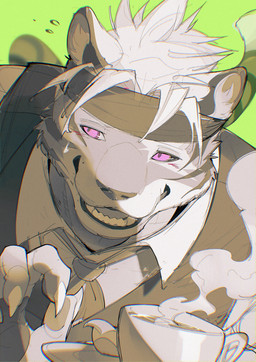 anthro black_clothing black_ears black_headkerchief black_kerchief black_stripes black_topwear black_vest bodily_fluids claws clothed clothed_anthro clothed_male clothing collared_shirt container countershade_face countershade_fur countershading cup dress_shirt facial_markings finger_claws fingerpads fur green_background grey_body grey_fur grey_inner_ear_fluff hair head_markings headgear headkerchief headwear holding_object holding_plate inner_ear_fluff kerchief looking_aside male markings necktie open_mouth pawpads pink_eyes plate ringed_iris shirt simple_background solo steam striped_face striped_markings striped_tail stripes sweat sweatdrop tail tail_markings teeth topwear tuft vest white_body white_clothing white_dress_shirt white_fur white_hair white_sclera white_topwear chiayeeee felid mammal pantherine tiger 2024 absurd_res bust_portrait chromatic_aberration digital_drawing_(artwork) digital_media_(artwork) hi_res portrait