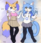 anthro blue_eyes bottomwear clothing duo female heart_symbol hoodie jumper katana kemono melee_weapon pleated_skirt purple_eyes shirasaya skirt sword topwear weapon yellow_eyes fumicake nintendo pokemon bailey_(fumicake) fumi_(fumicake) braixen domestic_cat felid feline felis generation_6_pokemon mammal pokemon_(species) absurd_res hi_res sibling_(lore) sister_(lore) sisters_(lore)