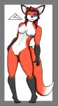 anthro black_body black_fur black_hair breasts female fur genitals green_eyes hair highlights_(coloring) long_hair looking_at_viewer nipples pose pussy red_body red_fur solo standing tattoo white_body white_fur carrus canid canine fox mammal pinup shaded soft_shading