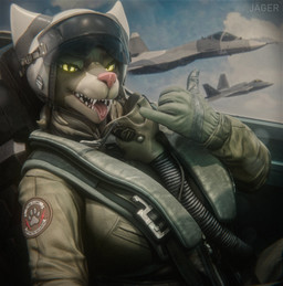 aircraft airplane anthro armor clothed clothing cloud detailed_background devil_horns_(gesture) female flying fully_clothed furgonomic_helmet furgonomics gesture gloves green_eyes hand_gesture handwear headgear helmet inside_airplane jet jumpsuit looking_at_viewer open_mouth open_smile pilot pink_nose sharp_teeth sky smile solo teeth text tongue tongue_out vehicle jaeger3d busya_(pers0nmag) canid canine canis mammal wolf 2025 absurd_res artist_name hi_res