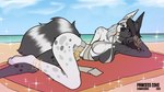 anthro beach bikini blep clothing female lying on_side solo swimwear text tongue tongue_out two-piece_swimsuit cocaine_(artist) conditional_dnp canid canine mammal 16:9 english_text hi_res widescreen