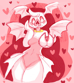 3_fingers big_nose blush blush_stickers breasts butt_wings cross_pupils fangs featureless_breasts featureless_crotch female fingers fur halo head_tuft head_wings heart_nose heart_symbol looking_at_viewer multicolored_body multicolored_fur nude pink_body pink_eyes pink_fur pink_nose pink_tongue pupils smile solo standing symbol-shaped_pupils teeth tongue tongue_out tuft unusual_pupils unusual_wing_placement white_body white_fur white_pupils wings conditional_dnp irootie heartthrob_cafe venus_(irootie) bat leaf-nosed_bat mammal microbat yangochiropteran hi_res pink_theme portrait three-quarter_portrait