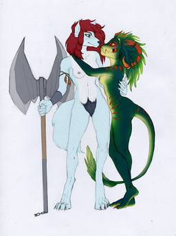 anthro armband armor axe battle_axe black_nose bracers breasts brown_body brown_feathers claws double_bitted_axe duo eye_contact feathers female female/female green_nipples hair hairy horn looking_at_another melee_weapon navel nipples nude pubes red_hair simple_background standing striped_body stripes tail tail_tuft tuft weapon white_background yellow_eyes yellow_sclera unknown_artist blizzard_entertainment starcraft warcraft limegar rubella_the_worgen canid mammal werecanid werecreature worgen zerg