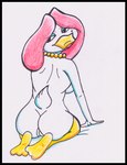 anthro beak beakstick biped black_border border breasts butt eyeshadow feathers female furgonomics genitals hair kneeling lipstick makeup nude pussy red_hair solo spy tasteful_nudity reddragonkan disney ducktales feathers_galore anatid anseriform avian bird duck traditional_media_(artwork)