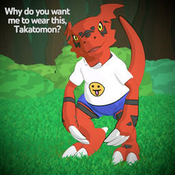 ambiguous_gender bottomwear claws clothed clothing dialogue feral grass looking_at_viewer outside plant red_body shirt shorts solo text topwear tree yellow_eyes aquinas_audax bandai_namco blender_eevee digimon digimon_(species) guilmon 1:1 2026 3d_(artwork) absurd_res blender_(artwork) digital_media_(artwork) english_text hi_res