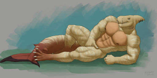 anthro blue_eyes front_view gills hand_on_crotch looking_at_viewer lying male male_anthro markings muscular muscular_anthro muscular_male narrowed_eyes nude on_side orange_body red_tail solo striped_arms striped_legs striped_markings striped_tail stripes tail tail_markings yellow_body yellow_tail aduran kain_(calamities156) aquatic fish shark absurd_res hi_res