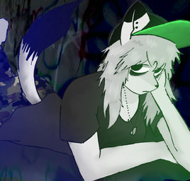 anthro biped bottomwear camo camo_bottomwear camo_clothing camo_pants camo_print clothing eyeliner eyeshadow female fur graffiti hair hat headgear headwear looking_at_viewer lying makeup on_front pants pattern_bottomwear pattern_clothing pattern_pants raised_tail sad solo tail white_body white_fur white_hair wolf_cut phoon_(artist) phoon_(bonniejugjab) mammal mustelid musteline stoat true_musteline weasel absurd_res digital_media_(artwork) hi_res