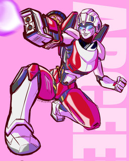 blue_eyes female gun_arm machine metallic_body not_furry red_body solo weapon_arm dumbdelvon hasbro takara_tomy transformers arcee cybertronian humanoid robot robot_humanoid 2023 hi_res