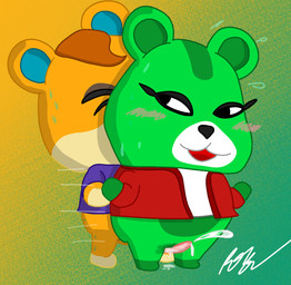 anthro blush blush_lines bodily_fluids clothing cum duo ejaculation female fur genital_fluids genitals green_body green_fur jacket looking_back looking_pleasured male male/female orange_body orange_fur penis red_clothing red_jacket red_topwear sex simple_background standing standing_sex sweat sweatdrop thrust_lines topwear vaginal_fluids vulva rob-posa animal_crossing nintendo fan_character hamlet_(animal_crossing) trixie cricetid hamster mammal rodent hi_res