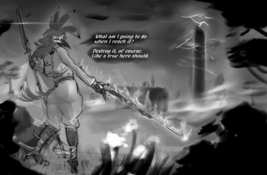 anthro butt clothed clothing fully_clothed gun looking_at_viewer looking_back magic male melee_weapon outside polearm ranged_weapon solo spear speech_bubble text weapon fecal_gambit devil_spire_falls davi avian bird english_text hi_res monochrome