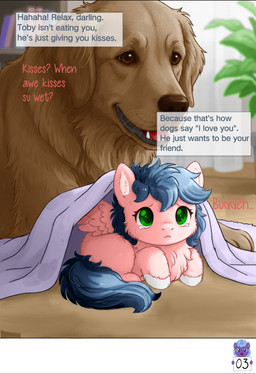 ambiguous_feral ambiguous_gender baby_talk bedding blanket blue_hair blue_tail bodily_fluids book brown_body brown_eyes brown_fur brown_nose curtains dialogue duo fangs female female_feral feral fur green_eyes hair hooves inner_ear_fluff mouth_closed open_mouth pink_body pink_fur pink_wings plant plant_pot potted_plant sweat tail tears teeth text tongue tuft white_hooves white_inner_ear_fluff wings young young_female young_feral sorrystickpro fluffy_pony mythology canid canine canis domestic_dog equid equine fluffy_pony_(species) mammal mythological_creature mythological_equine pegasus 2026 absurd_res digital_media_(artwork) english_text hi_res shaded