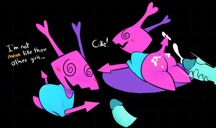 bodily_fluids butt cum cum_on_butt dialogue duo female genital_fluids genitals male male/female masturbation penis simple_background text mrdegradation deltarune undertale_(series) animal_humanoid darkner humanoid virovirokun 2021 digital_media_(artwork) english_text hi_res