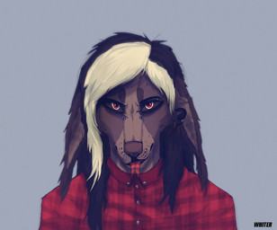 anthro black_hair black_sclera blonde_hair blue_background bridge_piercing brown_body brown_fur brown_nose clothed clothing ears_down eyebrow_piercing facial_piercing female forked_tongue front_view fur hair light_hair looking_at_viewer multicolored_eyes multicolored_hair nose_piercing piercing pivoted_ears red_clothing red_eyes red_tongue red_topwear simple_background solo text tongue tongue_out tongue_piercing tongue_stud topwear two_tone_eyes two_tone_hair yellow_eyes unknowhiter canid mammal 2015 artist_name bust_portrait portrait