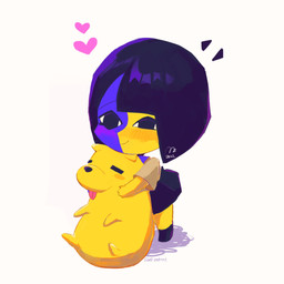 ambiguous_gender black_hair blep blush bottomwear chibi clothed clothing duo female feral hair heart_symbol multicolored_body shirt simple_background skirt smile tongue tongue_out topwear two_tone_body yellow_body usagimarumei ena_(series) ena_(web_series) ena_(joel_g) hourglass_dog_(ena) ena_(species) humanoid mammal 1:1 2022 digital_media_(artwork) hi_res