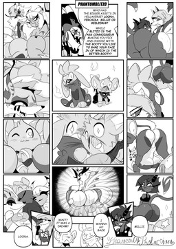 2_horns anthro areola big_breasts big_butt biped black_nose black_text blood blush blush_lines bodily_fluids breasts butt closed_smile clothing dialogue exclamation_point eyelashes eyes_closed eyeshadow facesitting female feral fingers fur group hair horn legwear looking_back makeup male markings mouth_closed nosebleed one_eye_closed open_mouth paws pupils quadruped question_mark saliva sharp_teeth sitting sitting_on_another smile speech_bubble tail talking_to_another tears teeth text text_box thigh_highs tongue white_sclera heavenlyproductions hellaverse helluva_boss nintendo pokemon blitzo_(helluva_boss) loona_(helluva_boss) millie_(helluva_boss) stella_(helluva_boss) verosika_mayday avian canid canine demon generation_4_pokemon generation_8_pokemon mammal pokemon_(species) raboot shinx 2025 absurd_res artist_name comic english_text hi_res monochrome