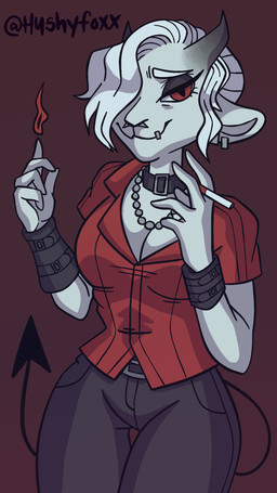 alternative_fashion breasts cleavage clothed clothing demonic ear_piercing ear_ring elemental_manipulation facial_piercing female fire fire_manipulation goth lip_piercing lip_ring looking_at_viewer nose_piercing piercing punk ring_piercing septum_piercing smoking solo nooks helltaker zdrada_(helltaker) bovid caprine caprine_demon demon goat goat_demon mammal 9:16 hi_res