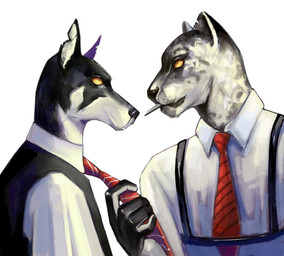 anthro black_body clothed clothing clothing_lift duo male male/male necktie scar shirt shirt_lift topwear white_body yellow_eyes sssnake_mg voltage canid canine felid leopard mammal pantherine hi_res