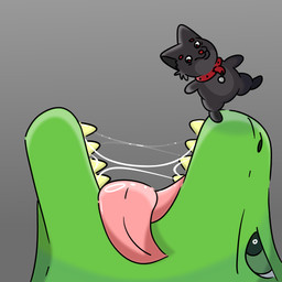 accident ambiguous_gender anthro black_body black_fur bodily_fluids collar duo feral fur green_body green_eyes green_skin imminent_vore medallion multicolored_body multicolored_fur oral_vore pink_tongue red_collar red_eyes saliva saliva_on_tongue saliva_string teeth tongue toony tuft tufted_fur two_tone_body two_tone_fur vore yellow_teeth jtay canid canine dinosaur fox mammal prehistoric_species reptile scalie 1:1 hi_res shaded soft_shading