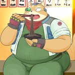 anthro belly clothed clothing eating eyes_closed food humanoid_hands kemono male obese obese_male overweight overweight_male sitting solo marumu_5656 nintendo star_fox fox_mccloud canid canine fox mammal 1:1 2021