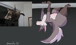 4_legs anthro belly_blush blush body_blush chest_tuft dipstick_ears ear_markings fangs fluffy fluffy_tail fur hanging_upside_down holding_pole looking_down male multicolored_body multicolored_ears multicolored_fur pear-shaped_figure pivoted_ears pole semi-anthro slightly_chubby solo tail tail_tuft teeth text thick_thighs tuft upside_down wide_hips zenonclaw canid canine domestic_cat felid feline felis hybrid mammal 2025 absurd_res artist_name hi_res meme reference_image signature