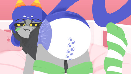 bed bedroom bedroom_eyes blush clothed clothing diaper eye_contact eyeshadow female first_person_view furniture grey_body hat headgear headwear horn legwear looking_at_another looking_at_viewer looking_back makeup narrowed_eyes pantsless pawprint_diaper pillow seductive smile smiling_at_viewer solo tail thigh_highs ushanka wearing_diaper fluff_pampz homestuck ms_paint_adventures nepeta_leijon alien animal_humanoid cat_humanoid felid felid_humanoid feline feline_humanoid humanoid mammal mammal_humanoid troll_(homestuck) absurd_res hi_res