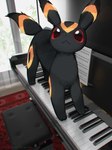 :< acting_like_a_cat ambiguous_gender black_body black_eyes black_fur detailed_background feral fur keyboard_instrument looking_at_viewer multicolored_body multicolored_fur musical_instrument piano quadruped red_sclera solo two_tone_body two_tone_fur yellow_body yellow_fur olyester nintendo pokemon eeveelution generation_2_pokemon pokemon_(species) umbreon