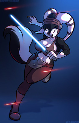 anthro big_breasts black_body black_fur blue_eyes blue_lightsaber breasts cleavage clothed clothing cosplay costume countershade_face countershade_torso countershading crop_top female fur gloves_(marking) holding_lightsaber lekku_(anatomy) lightsaber markings melee_weapon midriff navel navel_piercing piercing pink_nose shirt skunk_tail solo topwear weapon white_body white_fur psicoyote star_wars aayla_secura sally_skunk alien mammal mephitid skunk twi'lek hi_res