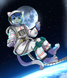 anthro blue_body blue_fur brown_eyes cosmic_background fur male orbit solo space space_background spacesuit stripes yellow_ears yellow_nose yellow_stripes pijothegreencow boppy domestic_cat felid feline felis mammal absurd_res hi_res