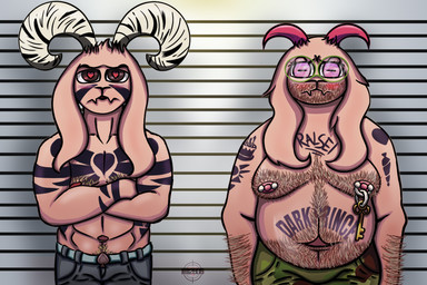 abs anthro arm_hair arm_tattoo beard belly belly_hair belly_tattoo blush body_hair bottomwear brown_body brown_fur camo camo_bottomwear camo_clothing camo_pants camo_print chest_hair clothing denim denim_bottomwear denim_clothing duo eyewear facial_hair fur glasses green_eyewear green_glasses head_gear headgear headwear heart_eyes heart_symbol horn jeans long_ears long_horn male moobs muscular muscular_male nipple_piercing nipples pants pattern_bottomwear pattern_clothing pattern_pants piercing pink_eyes pink_horn slightly_chubby slightly_chubby_male tattoo adamayster atg2606 deltarune undertale undertale_(series) asriel_dreemurr_(god_form) ralsei bovid caprine goat mammal 2022 3:2 watermark