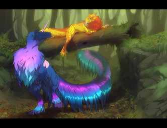 ambiguous_gender black_bars blue_body blue_fur day detailed_background duo feral forest fur grass horn log moss orange_body orange_fur outside plant purple_body purple_fur tree wood yellow_body yellow_fur grypwolf kukuri 2017 digital_drawing_(artwork) digital_media_(artwork)
