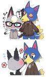 anthro blonde_hair blue_body blue_fur blush clothing duo embarrassed eyewear fur glasses grey_body grey_fur hair heterochromia interspecies jacket licking male male/male tongue tongue_out topwear nobinolife animal_crossing nintendo raymond_(animal_crossing) wolfgang_(animal_crossing) canid canine canis domestic_cat felid feline felis mammal wolf