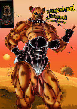 anthro background_shot bdsm biceps black_clothing bow_ribbon clothing dominatrix female fur latex latex_clothing leather muscular muscular_female orange_body orange_fur solo text helluva.w.wolf ambient_bird canid canine canis hyena mammal absurd_res hi_res