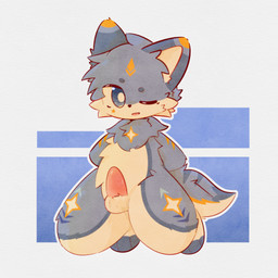 anthro blue_body blue_eyes blue_fur blush digitigrade fluffy fur genitals heterochromia male open_mouth penis pink_penis presenting sitting solo spread_legs spreading tail white_body white_fur yellow_eyes zodiaczang starrin canid canine canis mammal wolf hi_res