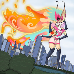 4_arms anthro biped bottomwear building city clothing extreme_size_difference female female_anthro fingers landscape_dwarfing macro macro_anthro macro_female multi_arm multi_limb open_mouth shorts size_difference skyscraper solo text water year itchigo_icetalons hellaverse helluva_boss queen_bee-lzebub_(helluva_boss) arthropod bee canid canine demon fox hybrid hymenopteran insect mammal 1:1 2023 artist_name colored digital_media_(artwork) hi_res