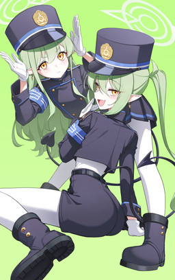 belt bent_over blue_boots blue_bottomwear blue_clothing blue_footwear blue_hat blue_headwear blue_shirt blue_shorts blue_skirt blue_topwear boots bottomwear clothing cute_fangs ear_piercing ear_ring fangs female footwear gloves green_background green_hair hair hair_between_eyes halo handwear hat headgear headwear heart_tail legwear long_hair looking_at_viewer open_mouth pantyhose piercing pointy_ears prick_ears ring_piercing shirt shoes shorts simple_background sitting skirt spade_tail standing tail teeth topwear white_clothing white_gloves white_handwear white_legwear white_pantyhose white_shirt white_topwear yellow_eyes young young_female young_humanoid goeleu blue_archive nexon hikari_(blue_archive) nozomi_(blue_archive) demon demon_humanoid humanoid tailed_humanoid absurd_res hi_res